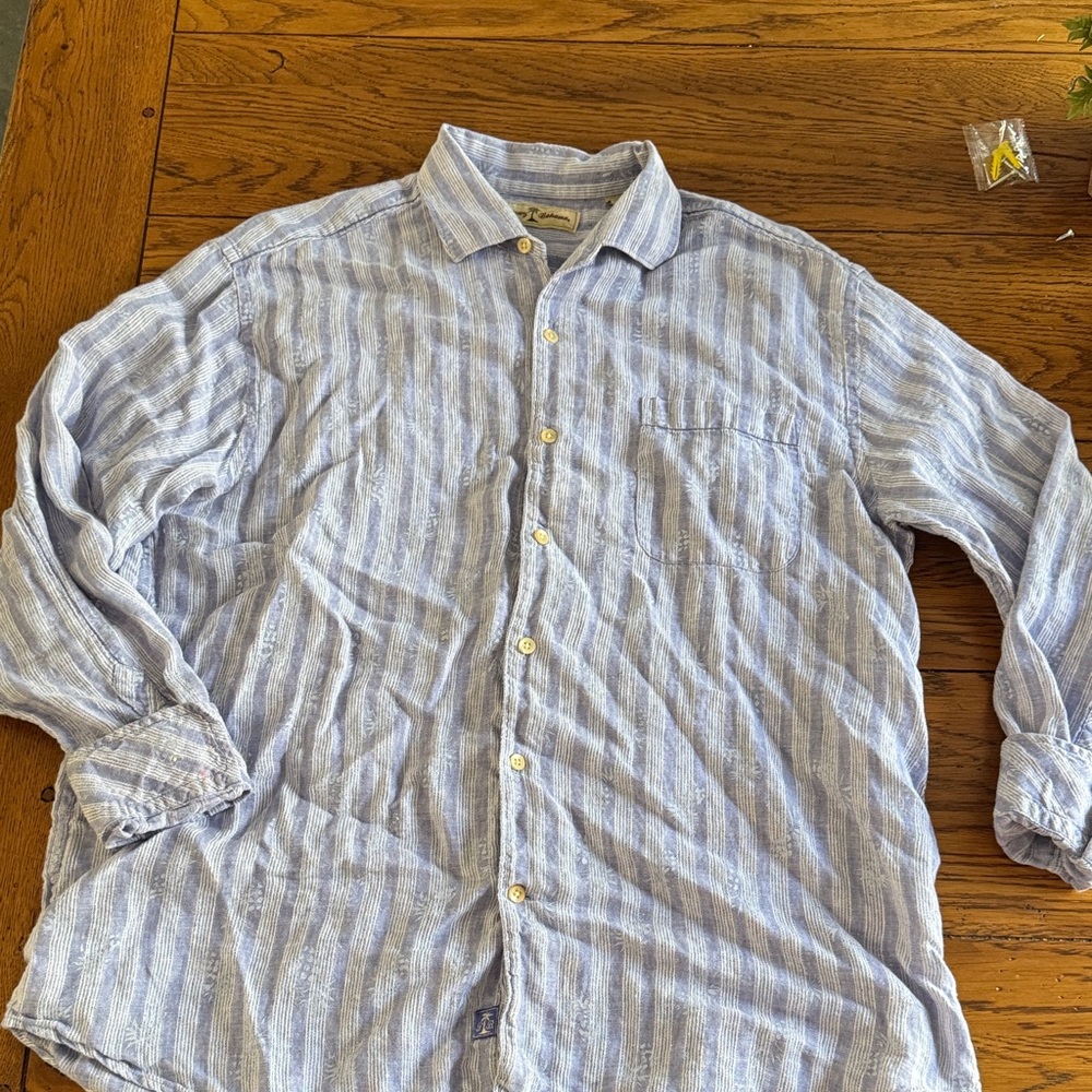 Tommy Bahama Light Blue & White Striped Linen Button-Down Shirt